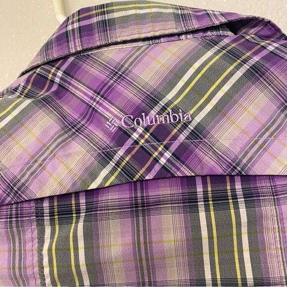 Columbia girls Youth Purple plaid cap sleeve Omni Shade button snap shirt 6X - Picture 3 of 8